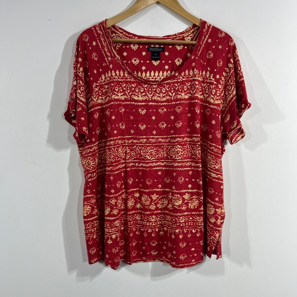 Lucky Brand Womens 2X Western Boho Print Cotton Modal Short Sleeve Top Hippie